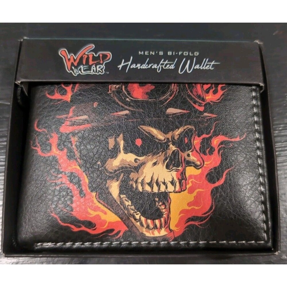 Wild Wear Men’s Bifold Wallet Skull Flames Soldier